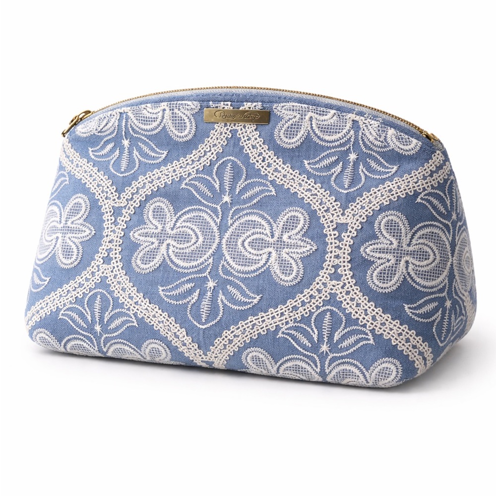 Revive Vintage Blue Embroidered Boho Cosmetic Bag Zipper Pouch NWT